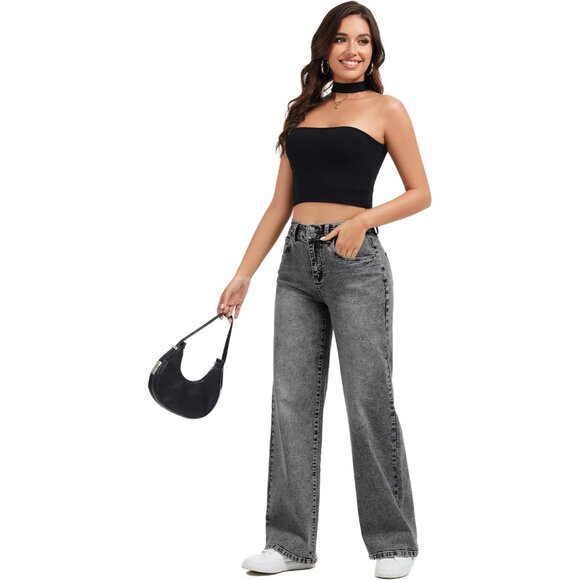 Women's Wide Leg Denim Jeans High Waist Baggy Stretchy Raw Hem Casual - Picture 2 of 6